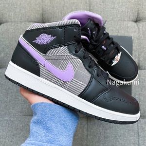 🍇 Nike Air Jordan 1 Mid Grape gingham shoes - big kids